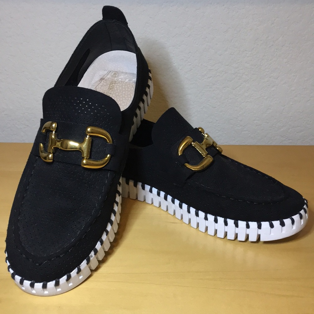 Ilse Jacobsen Black Tulip Slip On Loafers w Gold Horsebit, US Womens Size 40